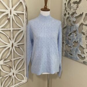 J CREW EXTRA SOFT medium BLUE CABLE KNIT LONG SLEEVE MOCK NECK SWEATER